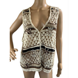 Teddi Knit Sleeveless Vest Size Med V-Neck Floral Detail Beige Groovy Retro Boho